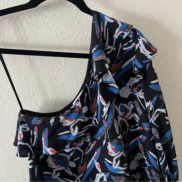 Tanya Taylor Oral Blue Floral Silk One Shoulder Blouse - Picture 4 of 8